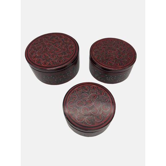 3 Handcrafted Round Lacquerware Nesting Storage Boxes Red & Black Patterns - Picture 2 of 7